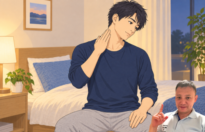 首に手を当てている男性