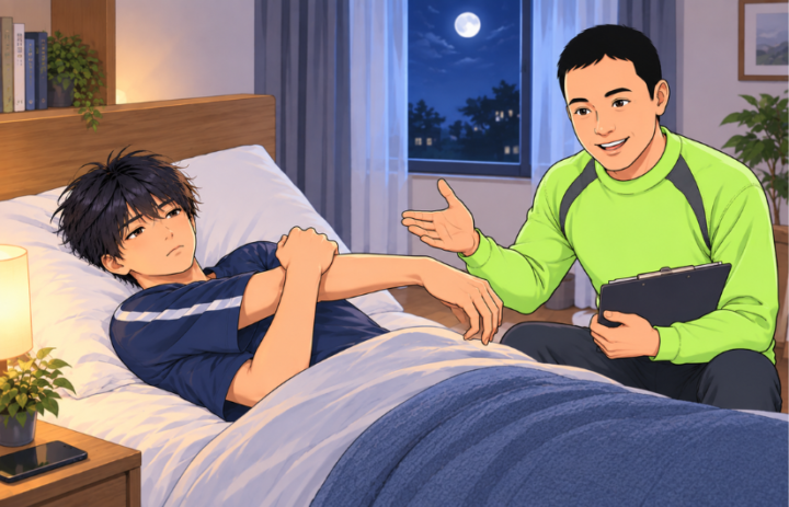 肩のストレッチをしている男性