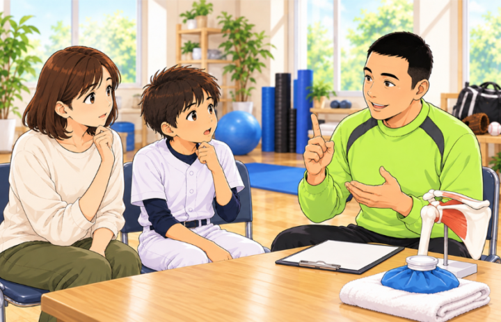 親子に説明をしている男性