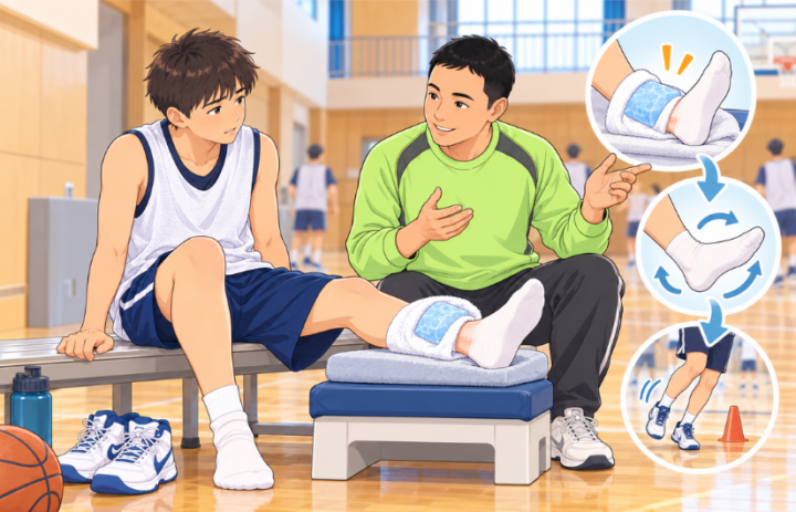 足首を冷やしている男性