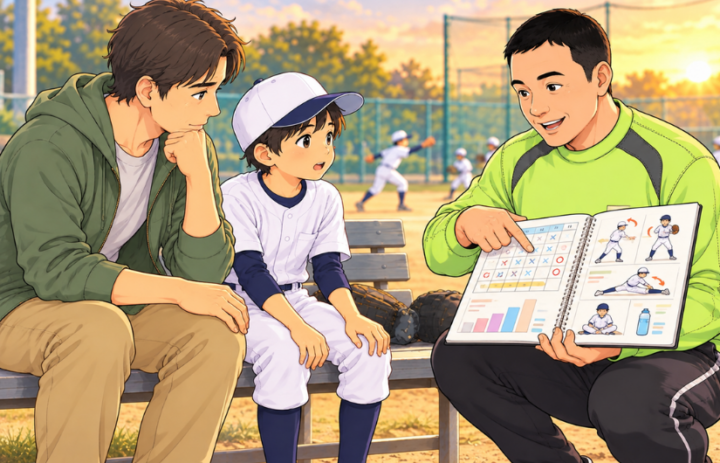 親子に説明をしている男性