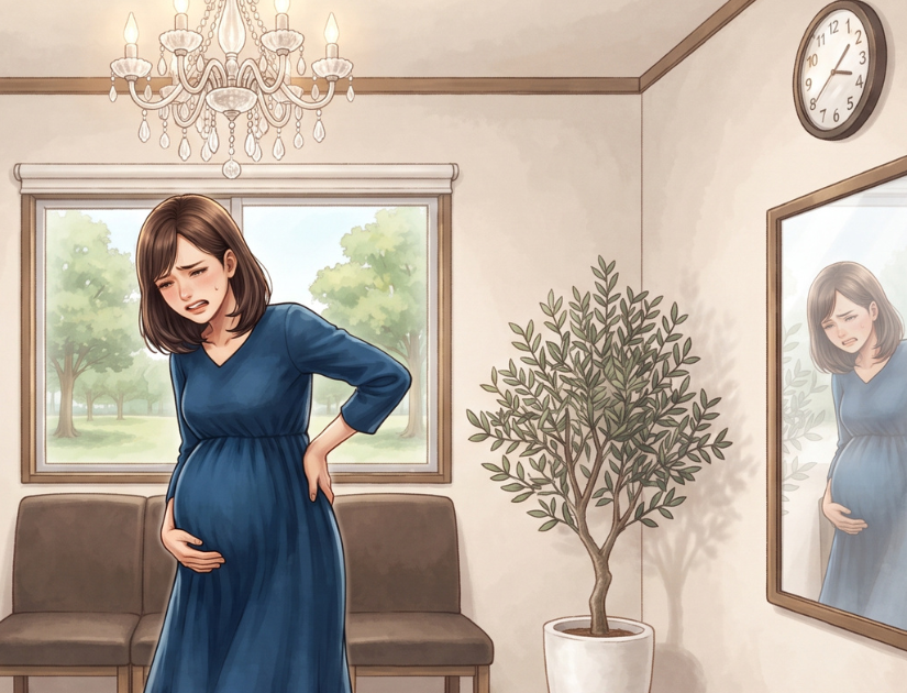 腰を押さえて痛そうにしている妊婦さんの様子