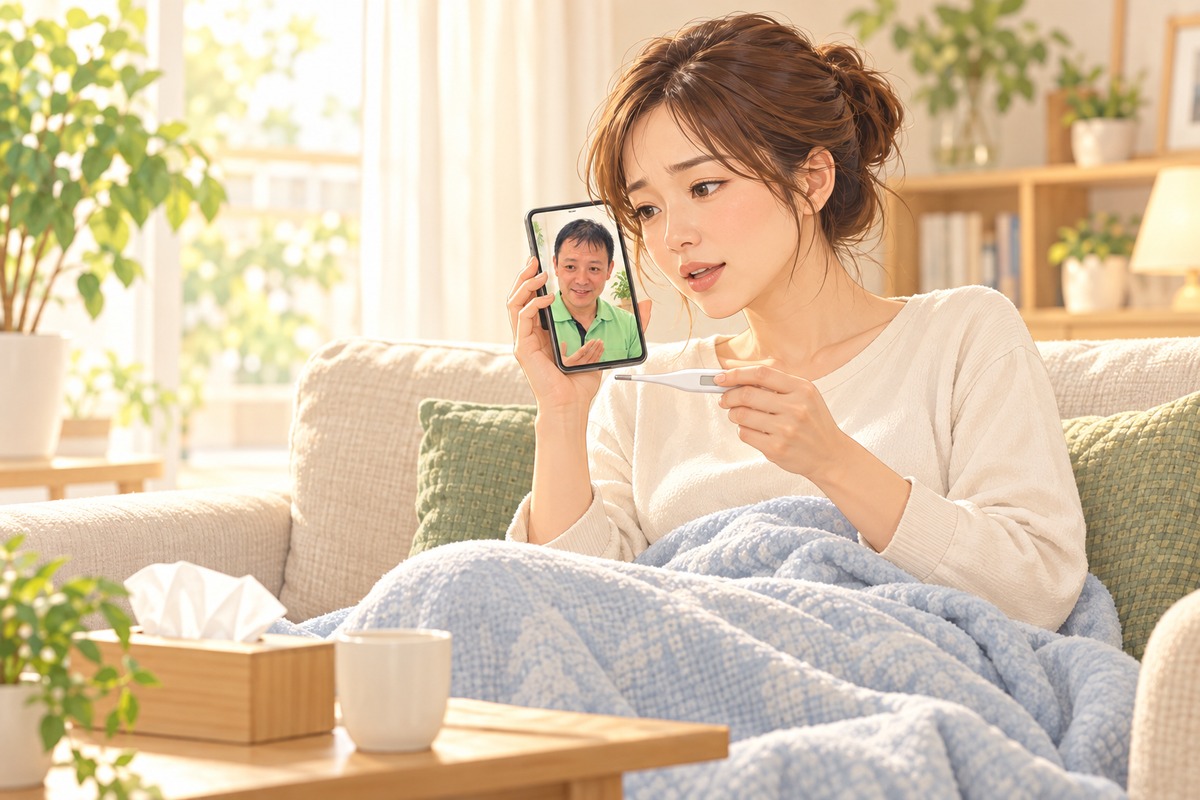 自宅で毛布を掛けた女性が体温計を持ち、電話で相談するイラスト