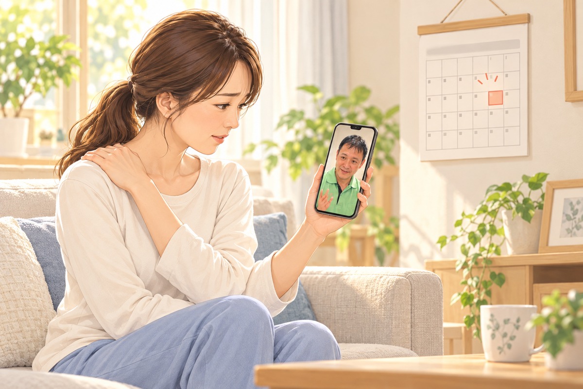 自宅で肩に手を添えた女性が電話で体調を相談するイラスト