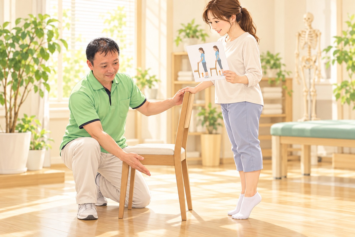 女性が椅子につかまってかかとを上げ、先生がそばで動きを確認するイラスト