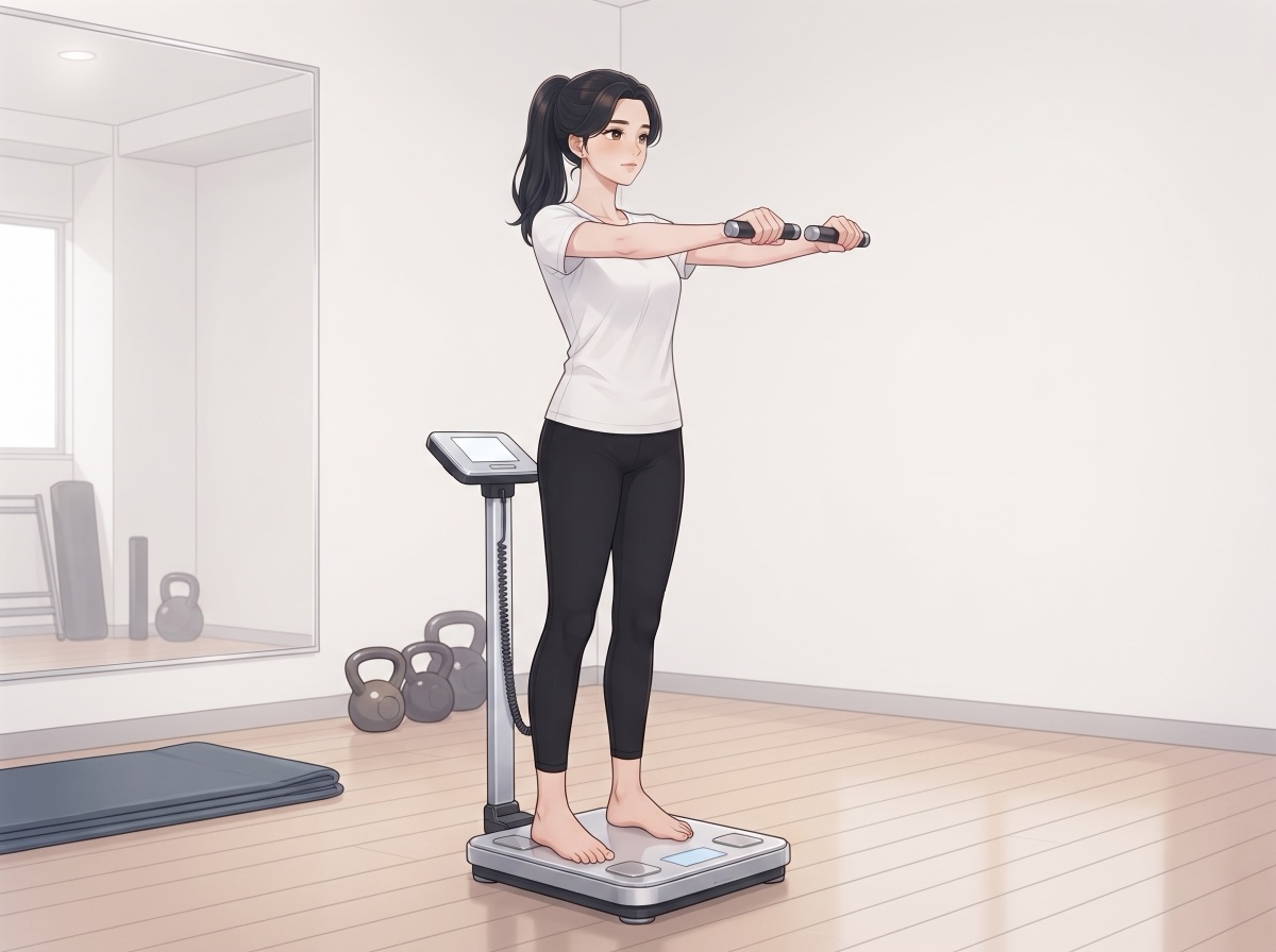 体組成計に乗り、両手でグリップを握って測定している女性のイラスト