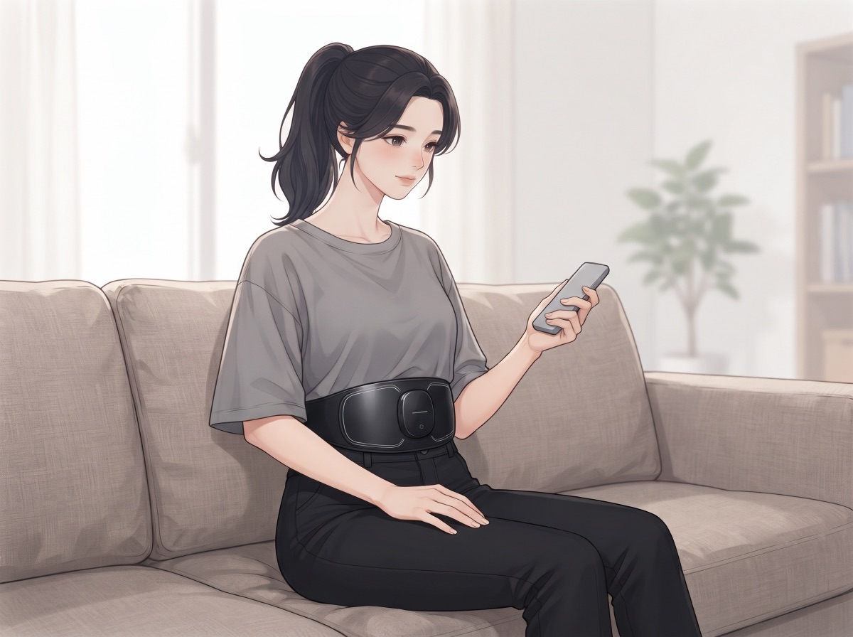 ソファに座り、服の上からお腹にEMSベルトを巻いてリモコンを持つ女性のイラスト