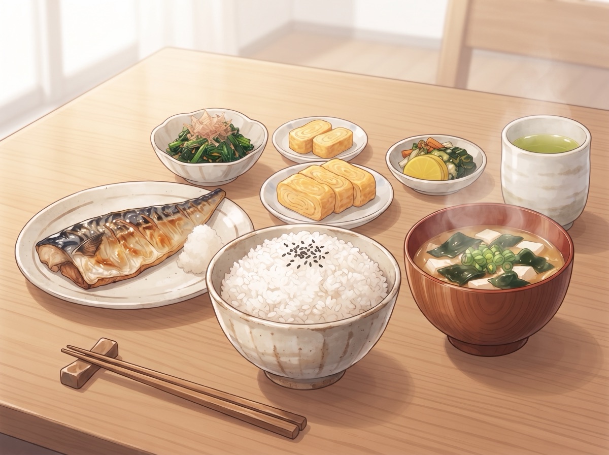 白いご飯、焼き魚、味噌汁、卵焼き、野菜の小鉢が並んだ和定食のイラスト