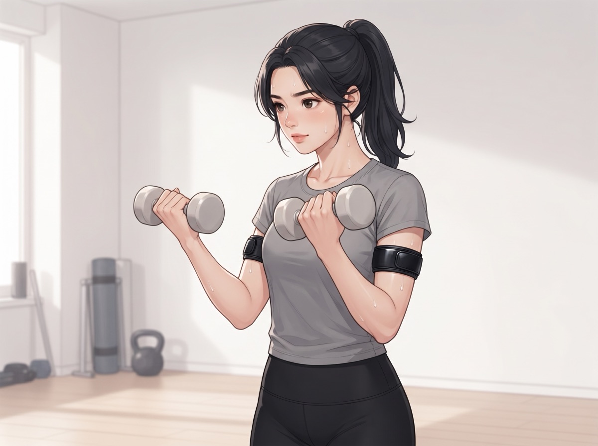 両腕の付け根に加圧ベルトを巻き、ダンベルを持ち上げている女性のイラスト