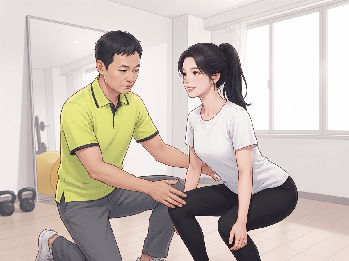 スクワットをする女性の膝の位置を、トレーナーが横で片膝をついて確認しているイラスト