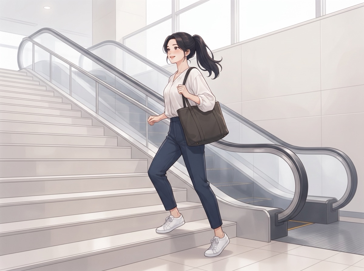 エスカレーターの隣にある階段を上っている女性のイラスト