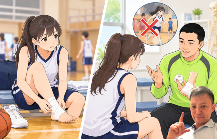 テーピングの説明をしている男性