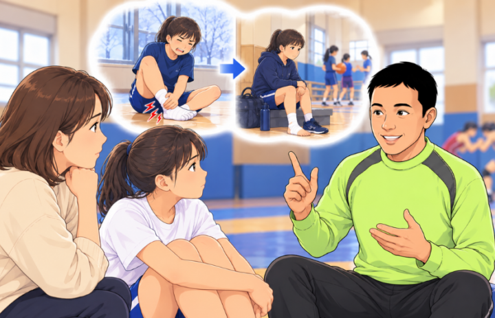 説明を聞いている親子