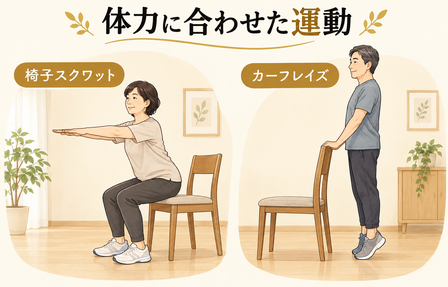 椅子スクワットと椅子につかまったカーフレイズのイラスト