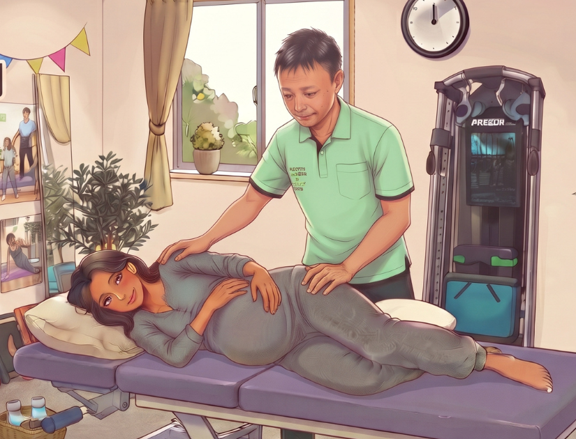 横向きに寝た妊婦さんの腰と骨盤まわりを調整している整体の施術風景