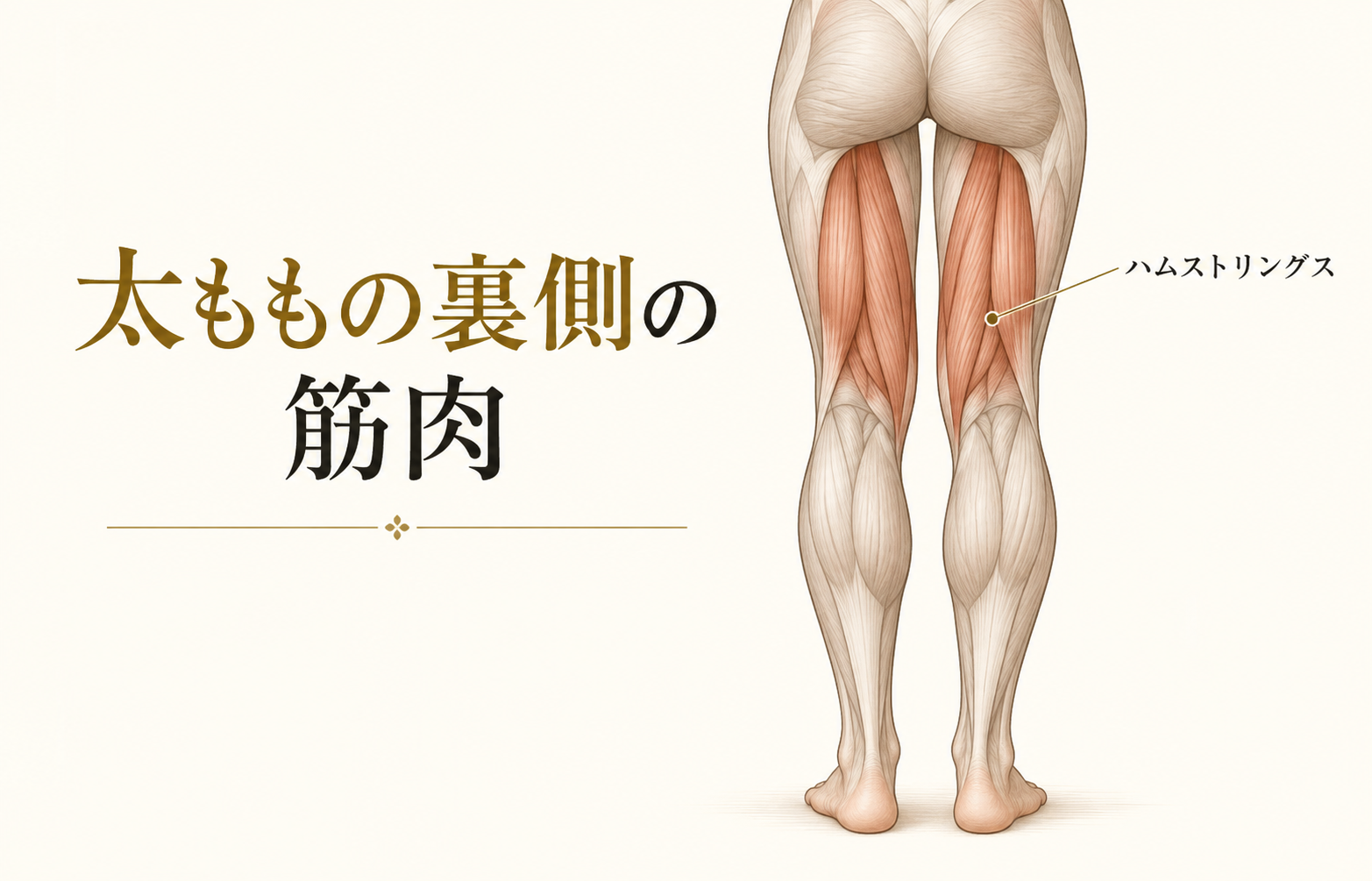 太ももの後ろ側にあるハムストリングスを色で示した解剖イラスト