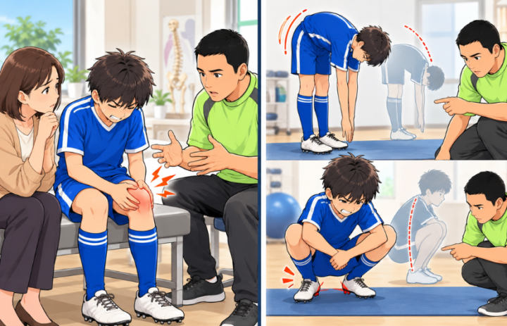 膝に手を当てている男性