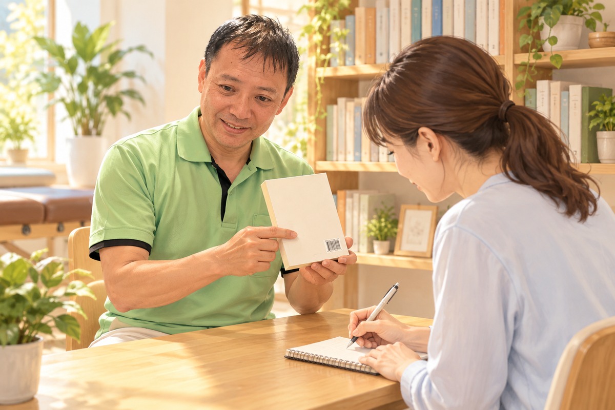先生が本の裏表紙を示し、女性が書誌情報をメモしているイラスト