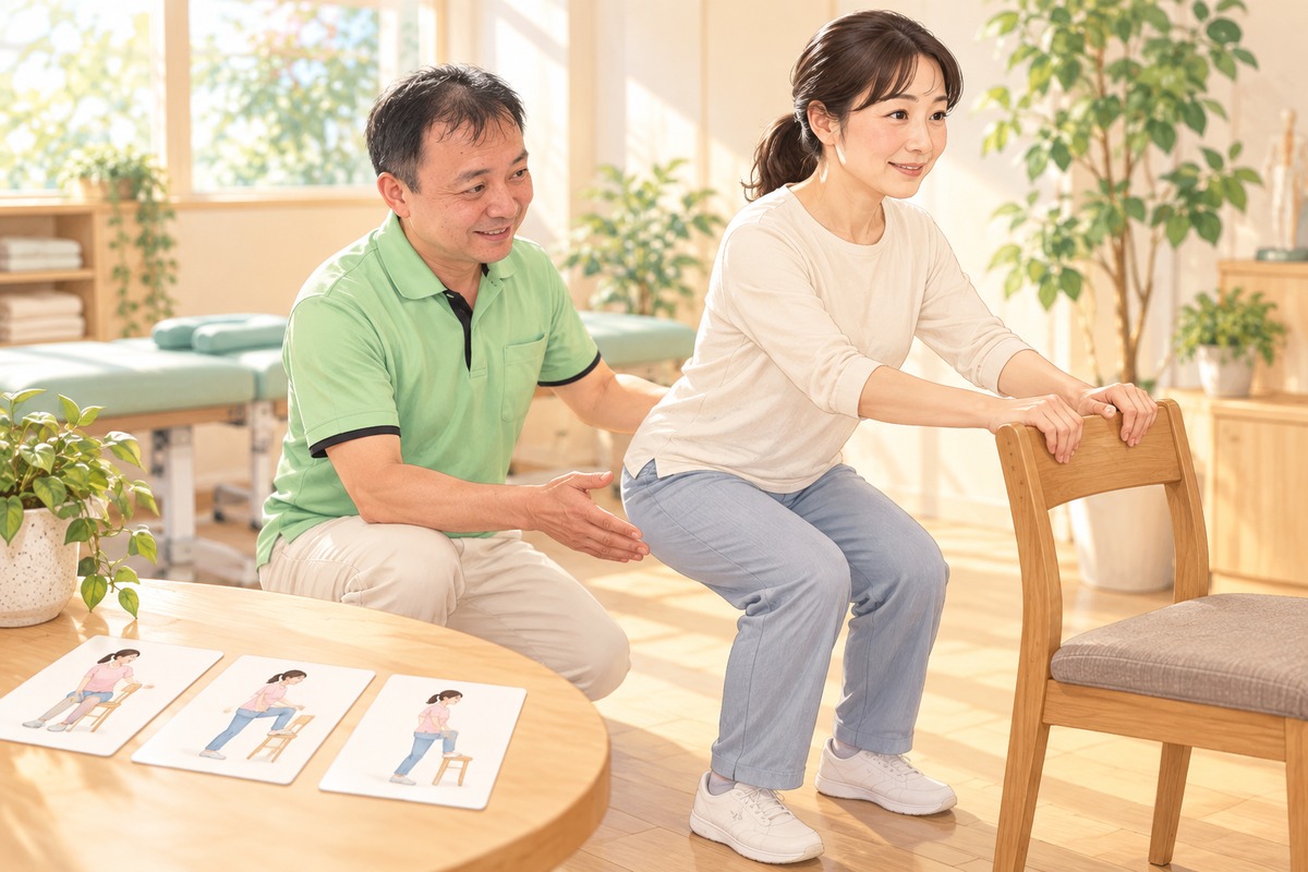 女性が椅子につかまって軽く膝を曲げ、先生がそばで見守るイラスト