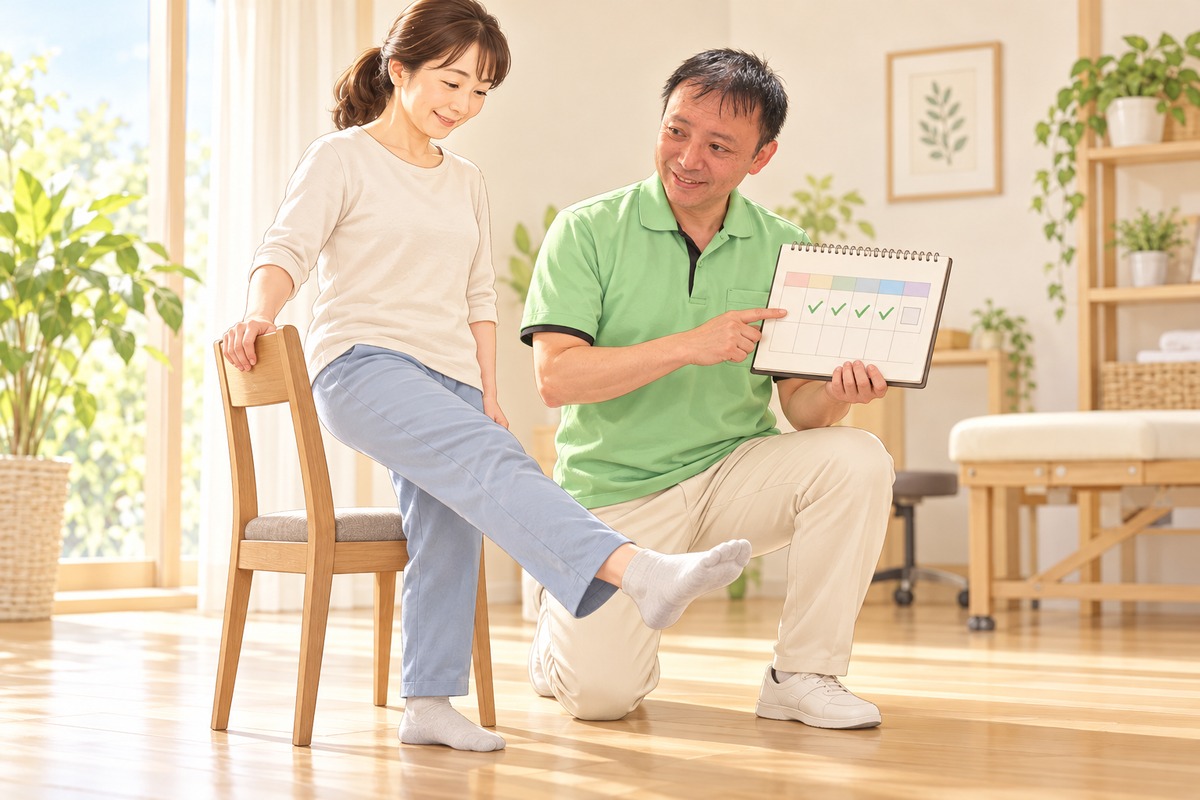 女性が椅子につかまって脚を動かし、先生がカレンダーを示すイラスト