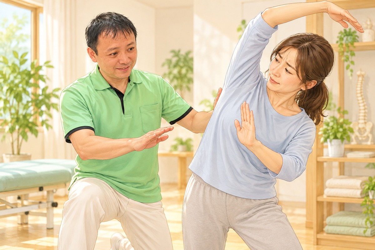 体を横に伸ばす女性に先生が手を差し出して声をかけるイラスト
