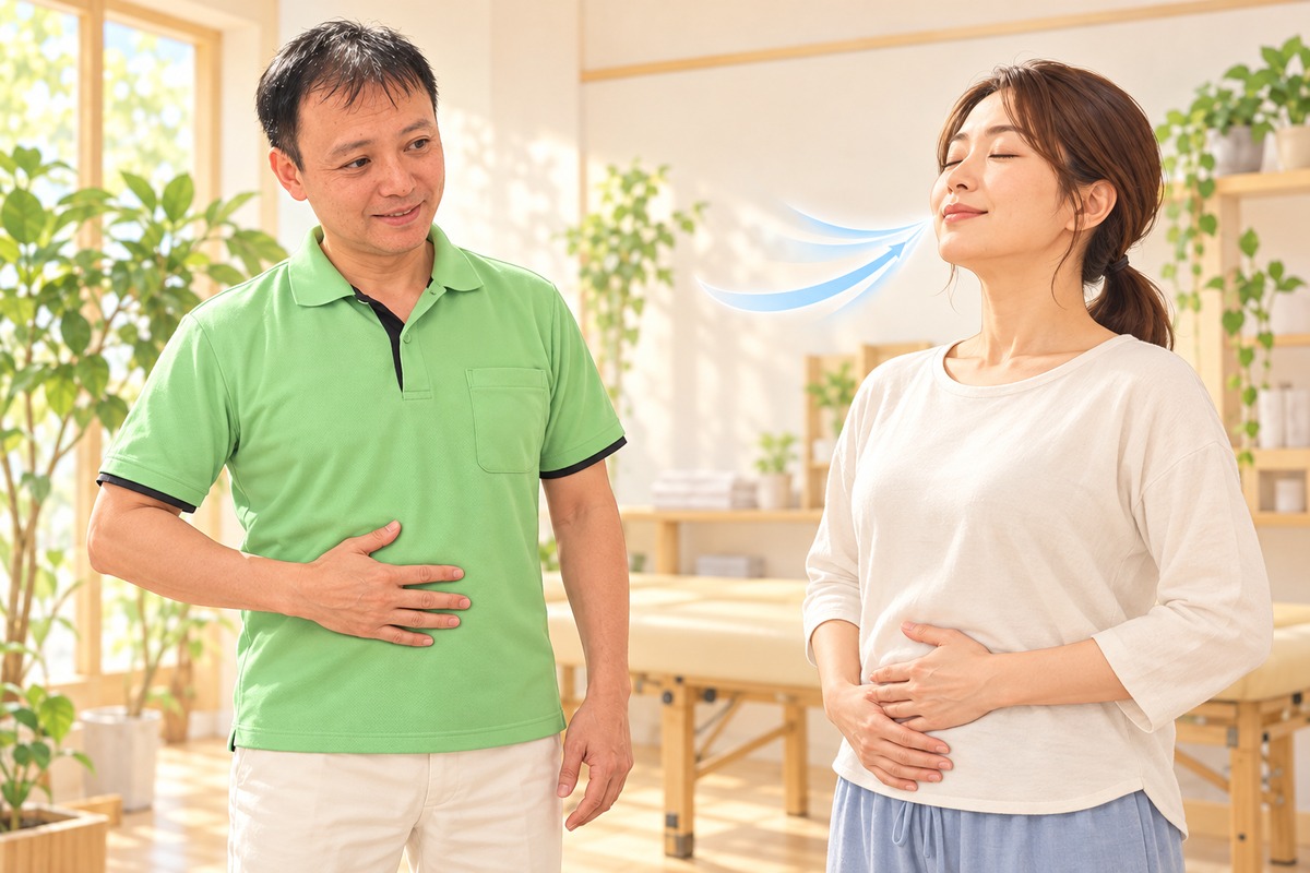 先生と女性がお腹に手を当てて楽に呼吸しているイラスト