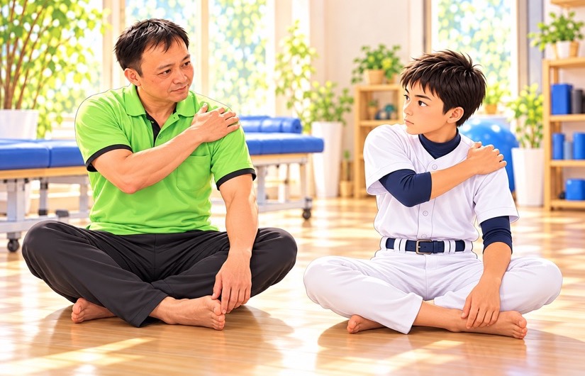 自分の肩に手を当てて説明する男性と、まねをする野球のユニフォームの男の子