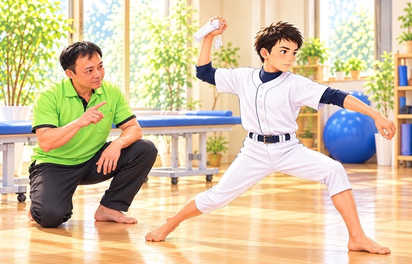 タオルを持ってシャドーピッチングをする男の子と、しゃがんで見守る男性