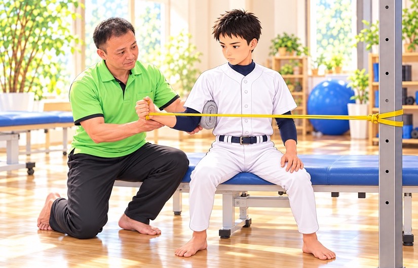 脇にタオルをはさみ、肘を曲げてチューブを持つ男の子と、肘に手を添える男性