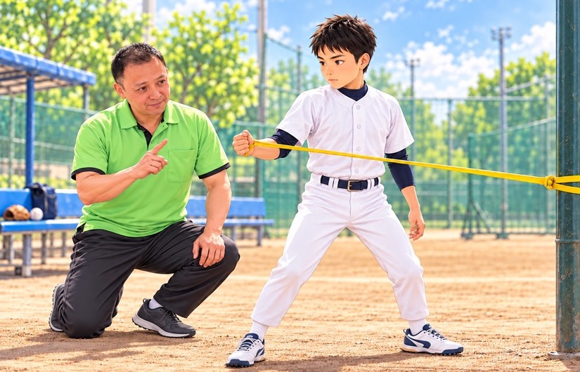 シューズを履き屋外で外旋運動を行う野球少年と根本先生