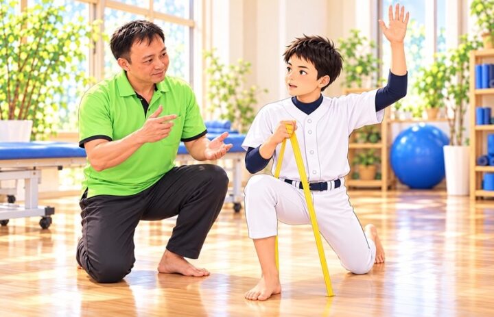 チューブを持ちながら手を挙げて質問する男の子と、笑顔で答える男性