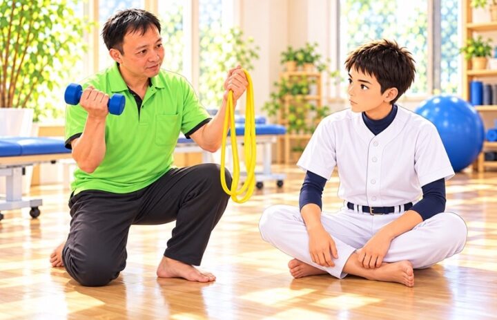 チューブとダンベルを手に持って、男の子に見比べて説明する男性