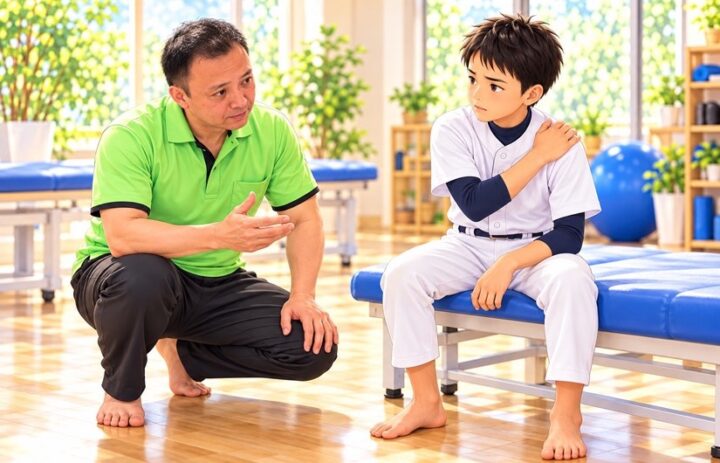肩を押さえる男の子に、腰を落として話しかける男性