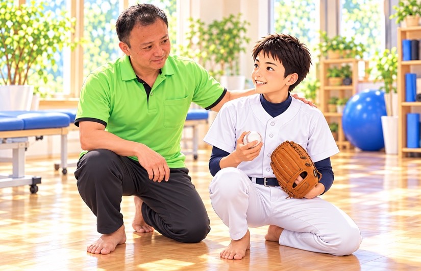 グローブとボールを持って笑う男の子と、背中に手を当てる男性