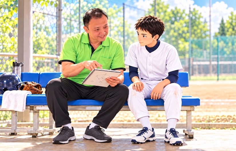 屋外のベンチで膝に手を置く野球少年に、笑顔でノートを示す根本先生
