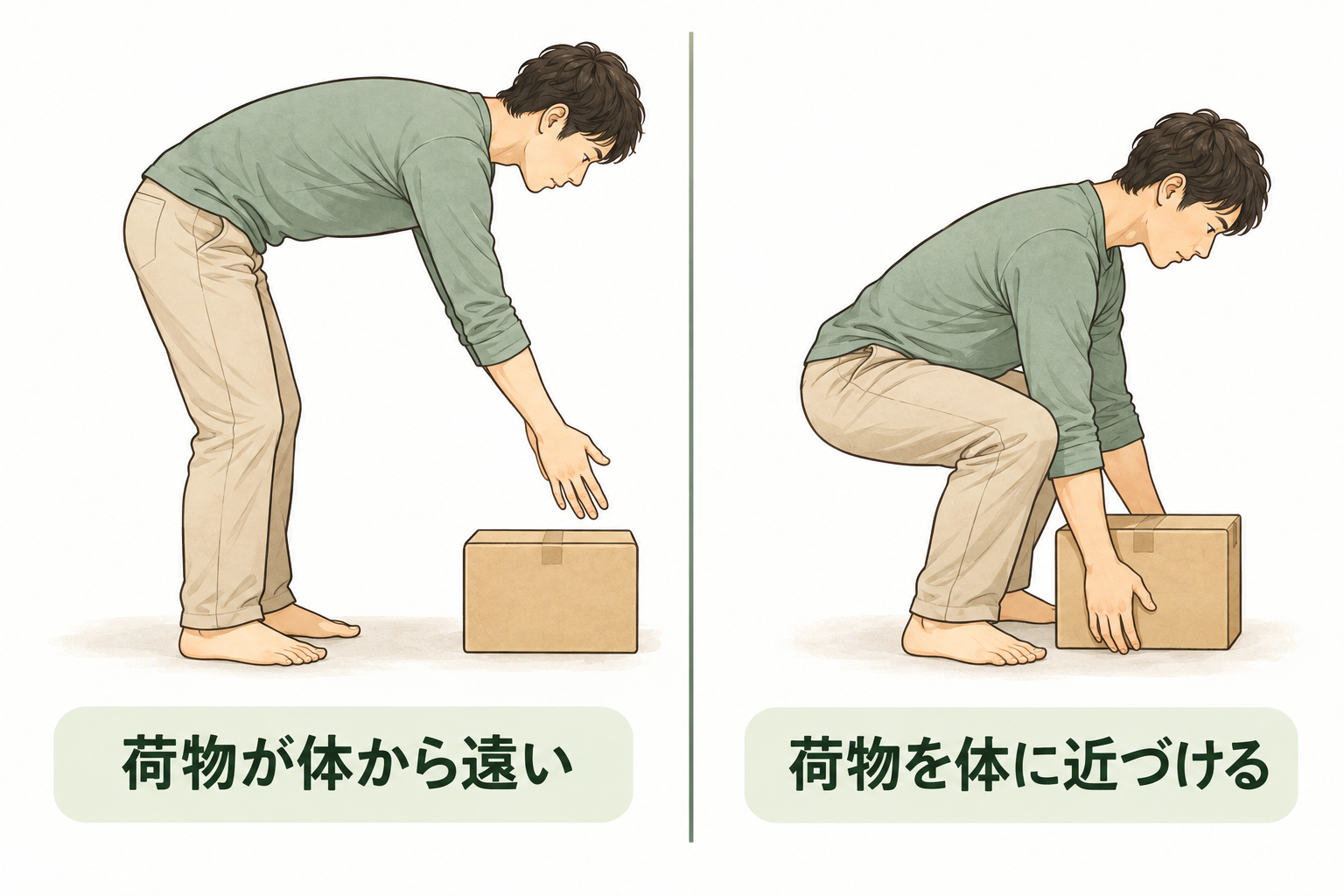 荷物が体から遠い姿勢と体に近づけた姿勢の比較