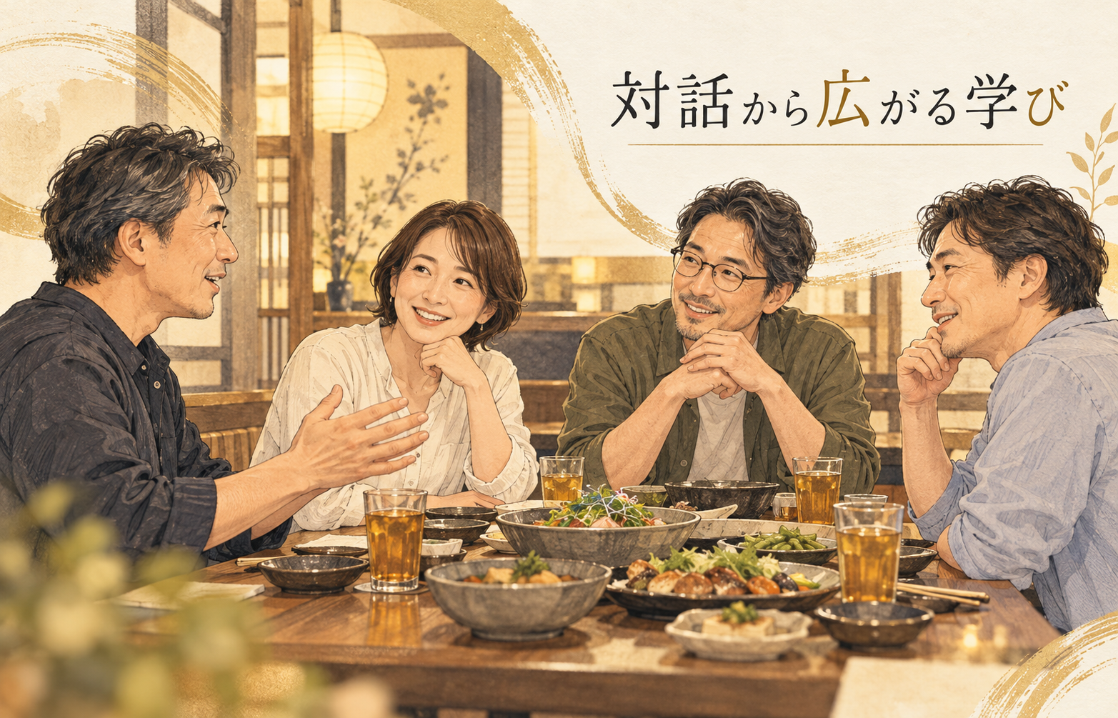 食事を囲んで対話する施術者たちの交流会イメージイラスト