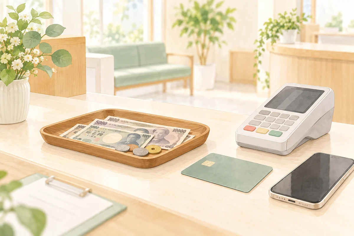 受付台に現金、カード、決済端末、スマートフォンが並ぶイラスト