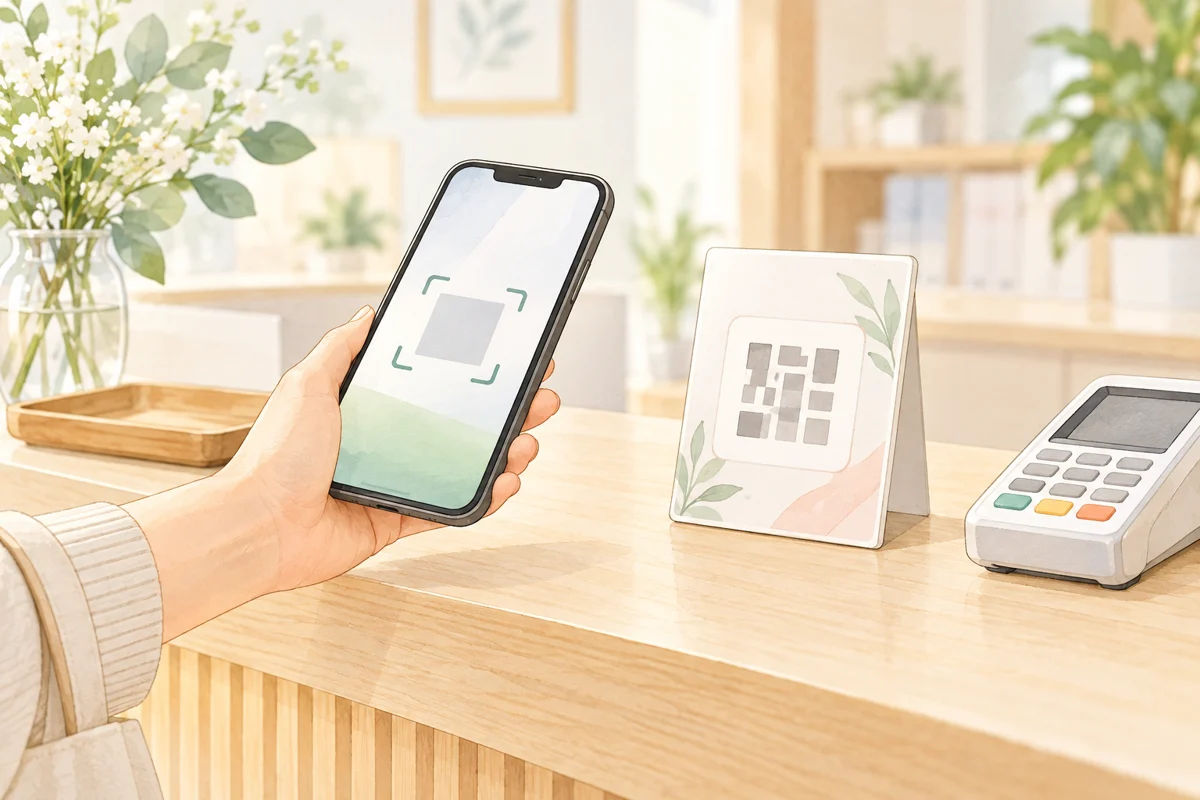 スマートフォンをQRコードの案内にかざすイラスト