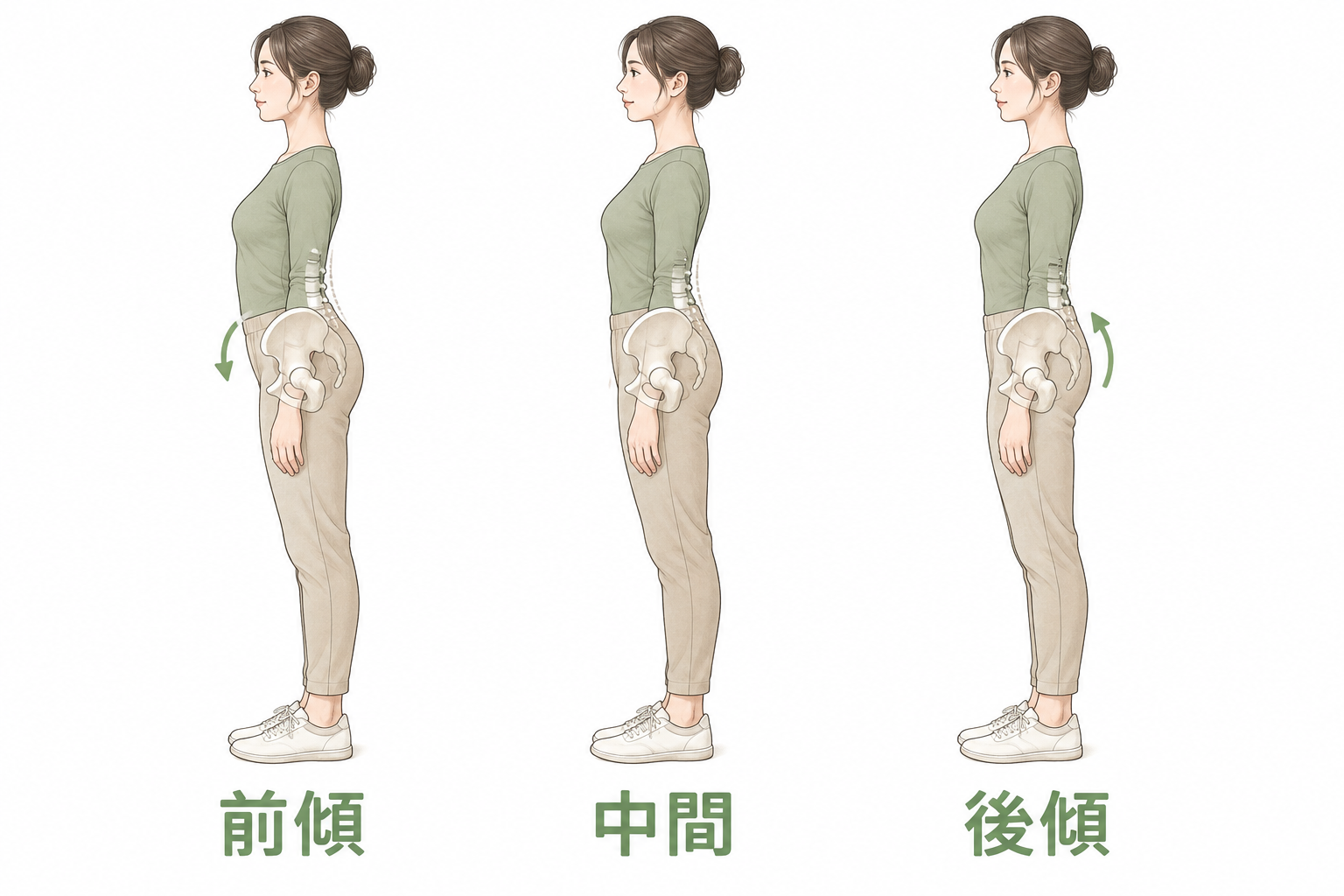 骨盤の前傾・中間・後傾を横から比較した図