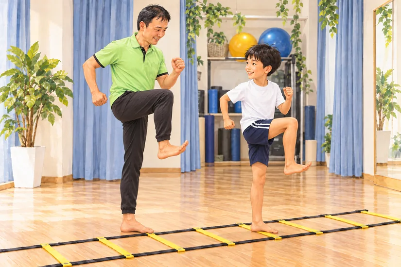 笑顔のトレーナーと子どもが、裸足で支持脚を伸ばしラダーのそばでもも上げを練習するイラスト