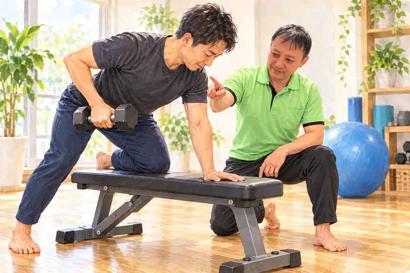 ベンチに手と膝を置いてダンベルを引く男性とフォームを確認するトレーナーのイラスト