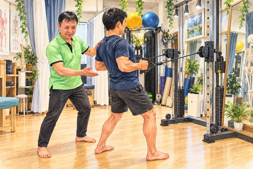 鏡とトレーニング機器のある院内で、裸足の男性がケーブルを引く動作をするイラスト