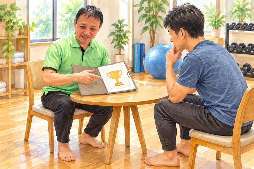 トロフィーの図を見ながらコンテストの目標を相談する男性とトレーナーのイラスト