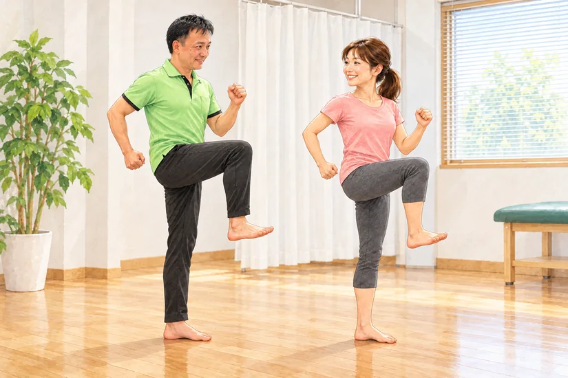 女性に顔を向けたトレーナーと女性が、裸足で肘を引きつま先を上げてもも上げを行うイラスト
