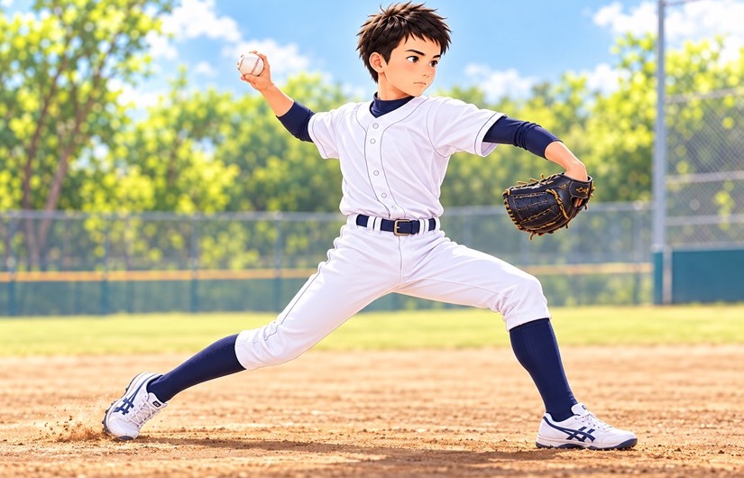 グラウンドでボールを投げる野球のユニフォームの男の子