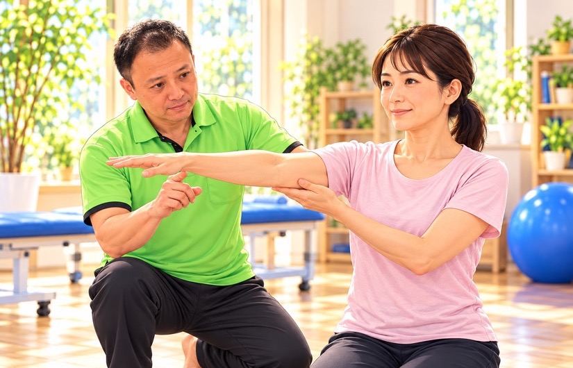 左手で右の肘を支えて腕を前に上げる女性と、見守る男性