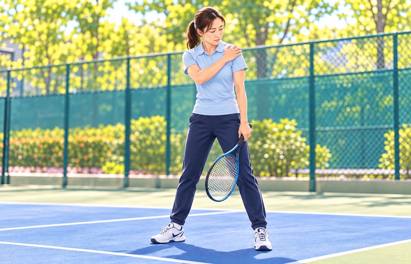 テニスコートでラケットを持ち、肩を押さえる女性のテニス選手