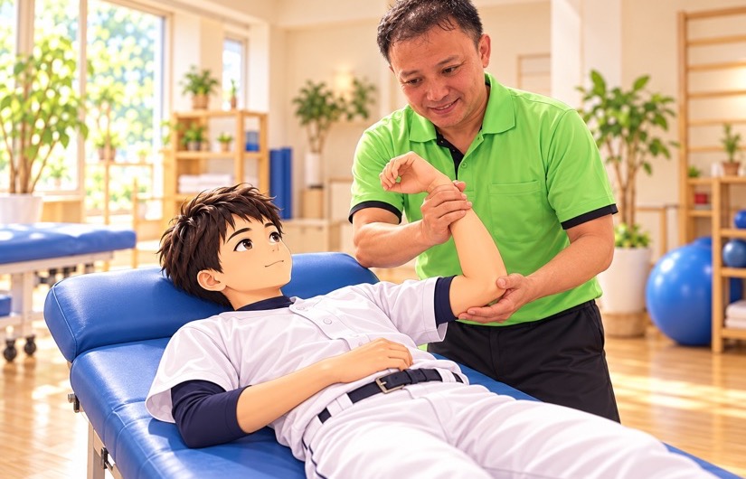 施術ベッドに横たわる野球少年の肘と手首を支える根本先生