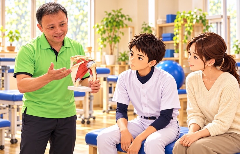 肩の模型を手に持ち野球少年とお母さんに立って説明する根本先生